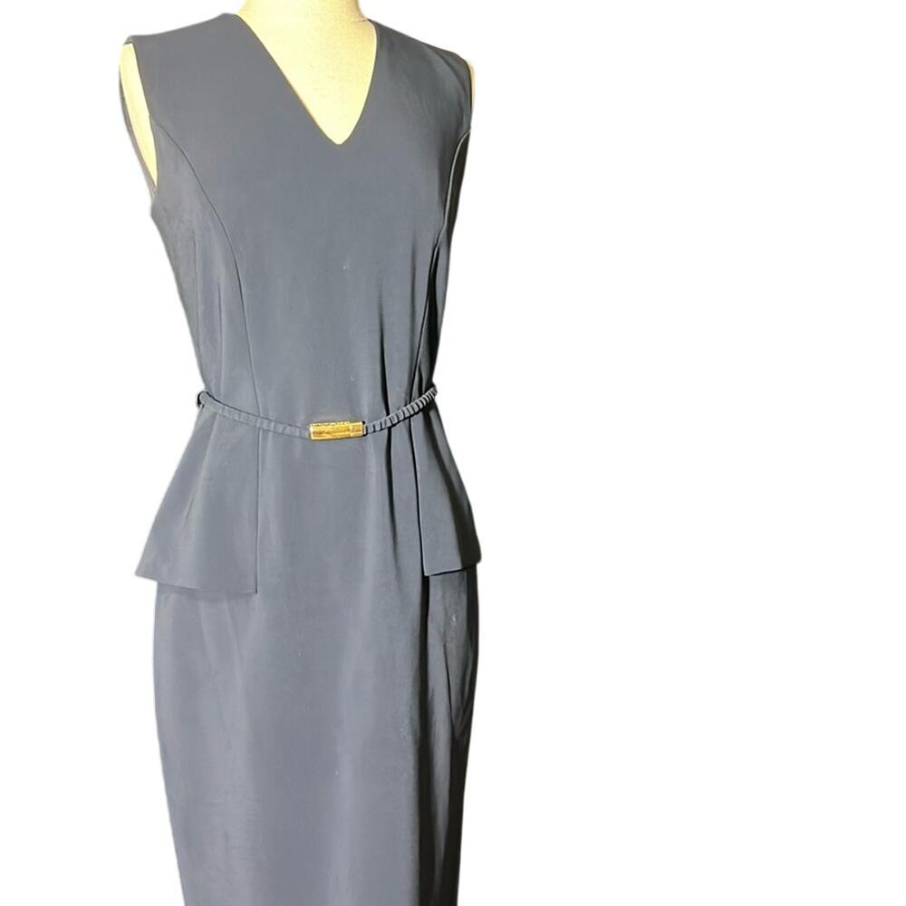 Doncaster Collection V-neck sleeveless Navy lined dress magnet‎ close belt Sz 2